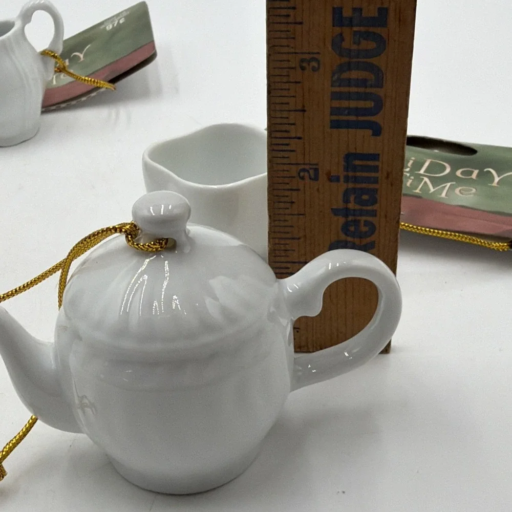 Vintage White Porcelain 4 Piece Miniature Tea Set Ornaments Holiday Time